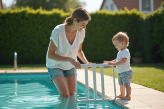 Maman ferme la barriere de piscine avec enfant curieux