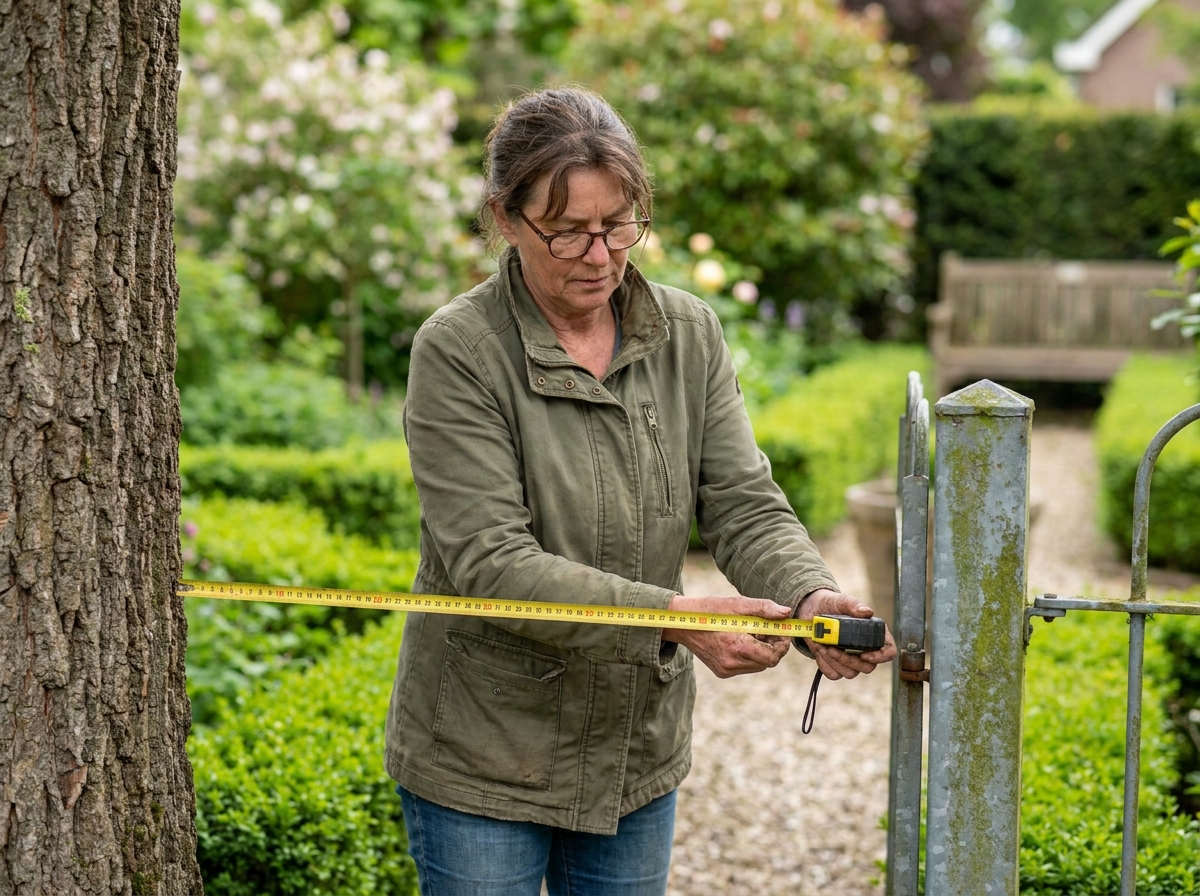 Femme mesurant la distance entre un arbre mature et une clôture métallique dans son jardin