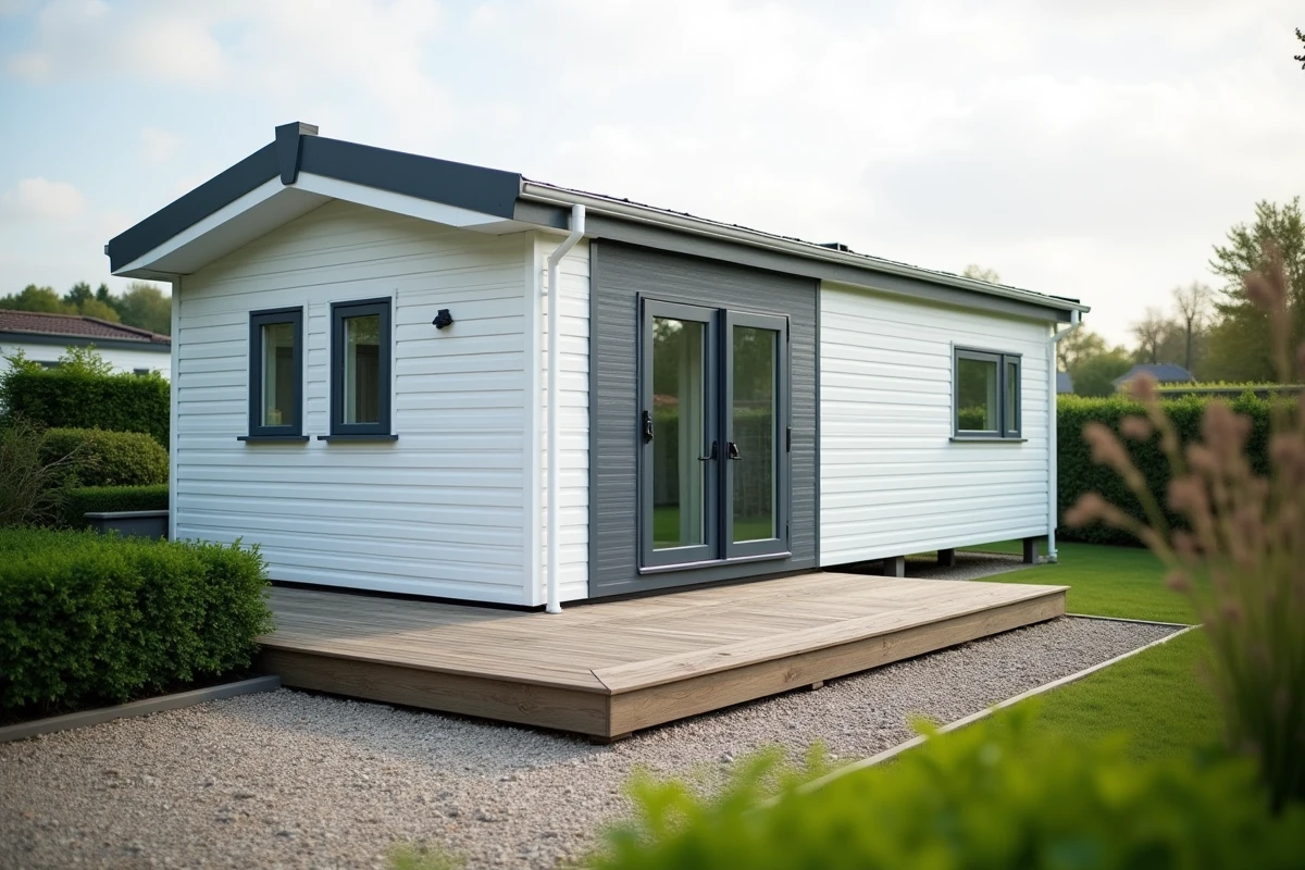 Mobil-home moderne installé sur terrain privé avec terrasse en bois et jardin