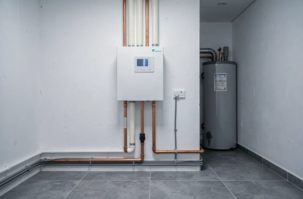 Module intérieur de pompe à chaleur Daikin air eau 11 kW installé dans une chaufferie résidentielle moderne