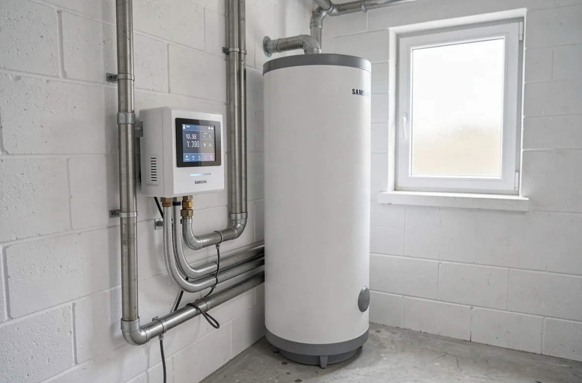 Intérieur d'une chaufferie avec module hydraulique Samsung raccordé à un ballon d'eau chaude