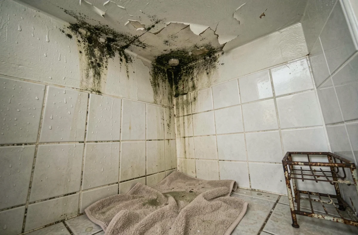 Traces de moisissures et peinture décollée dans une salle de bain humide de logement locatif