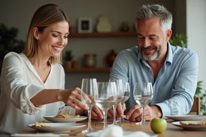 Femme et homme arrangeant des verres à table chaleureuse