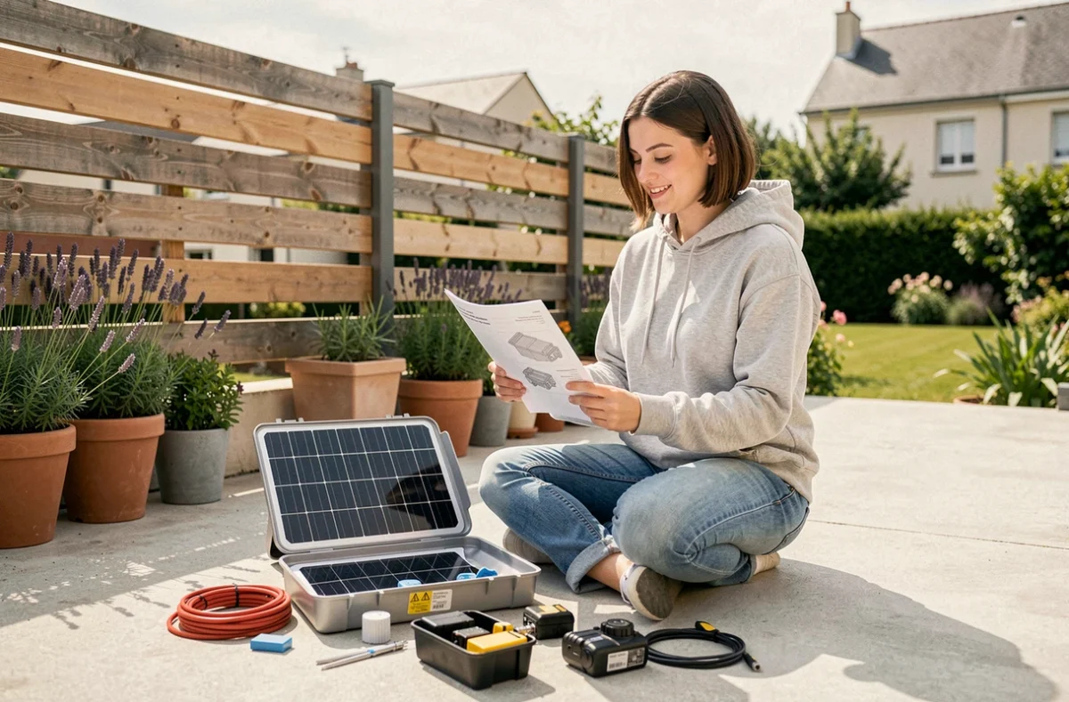 Jeune femme déballant un kit solaire Mon Kit Solaire sur la terrasse de sa maison en France