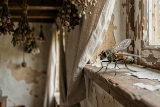 Gros plan macro d'une mouche posée sur un rebord de fenêtre en bois vieilli dans une maison rustique, symbolisant une invasion de mouches et sa signification spirituelle