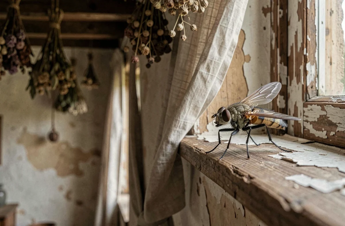 Gros plan macro d'une mouche posée sur un rebord de fenêtre en bois vieilli dans une maison rustique, symbolisant une invasion de mouches et sa signification spirituelle