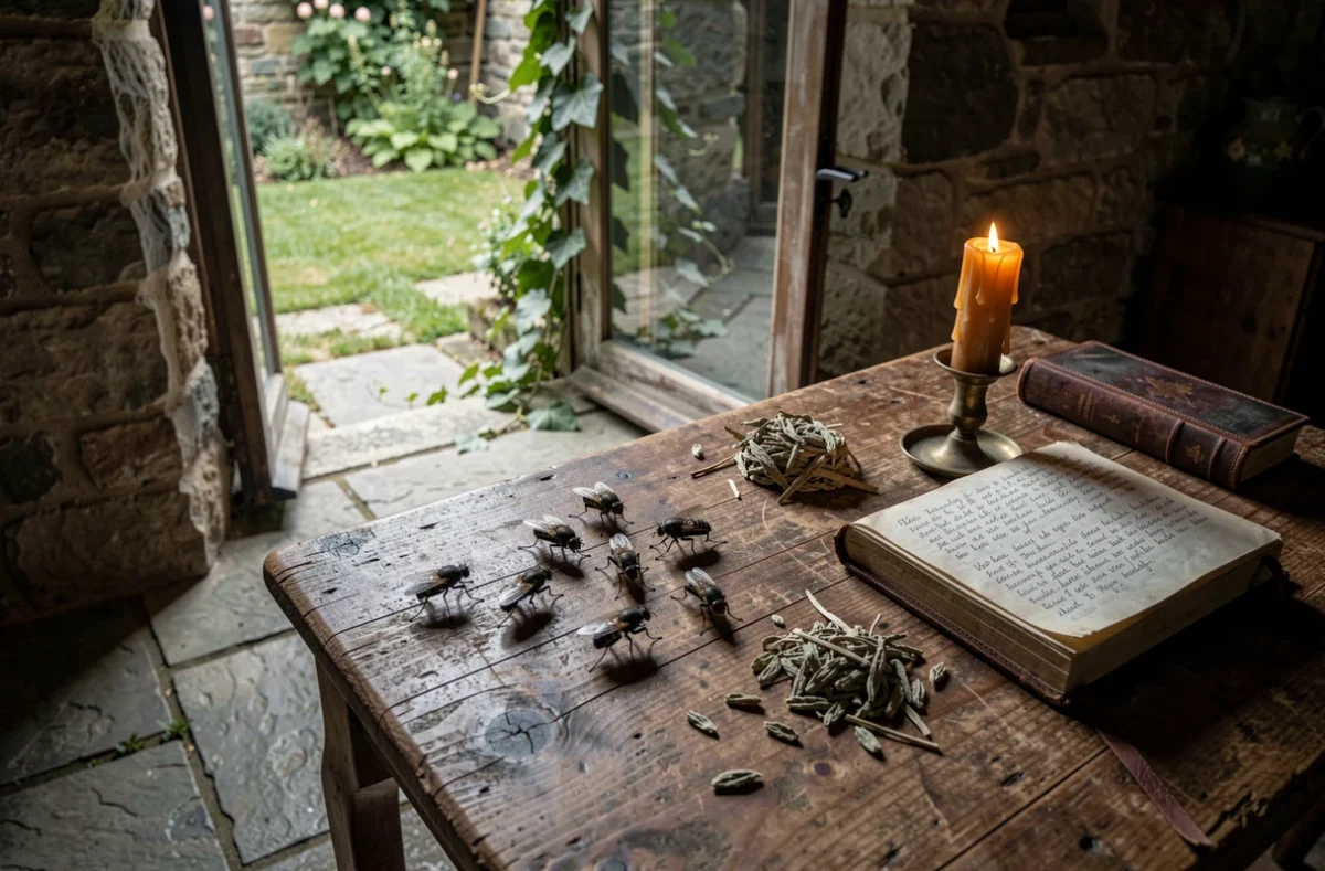 Groupe de mouches posées sur une table en bois antique avec une bougie, un journal et de la sauge séchée dans un vieux cottage en pierre, évoquant la symbolique spirituelle des mouches