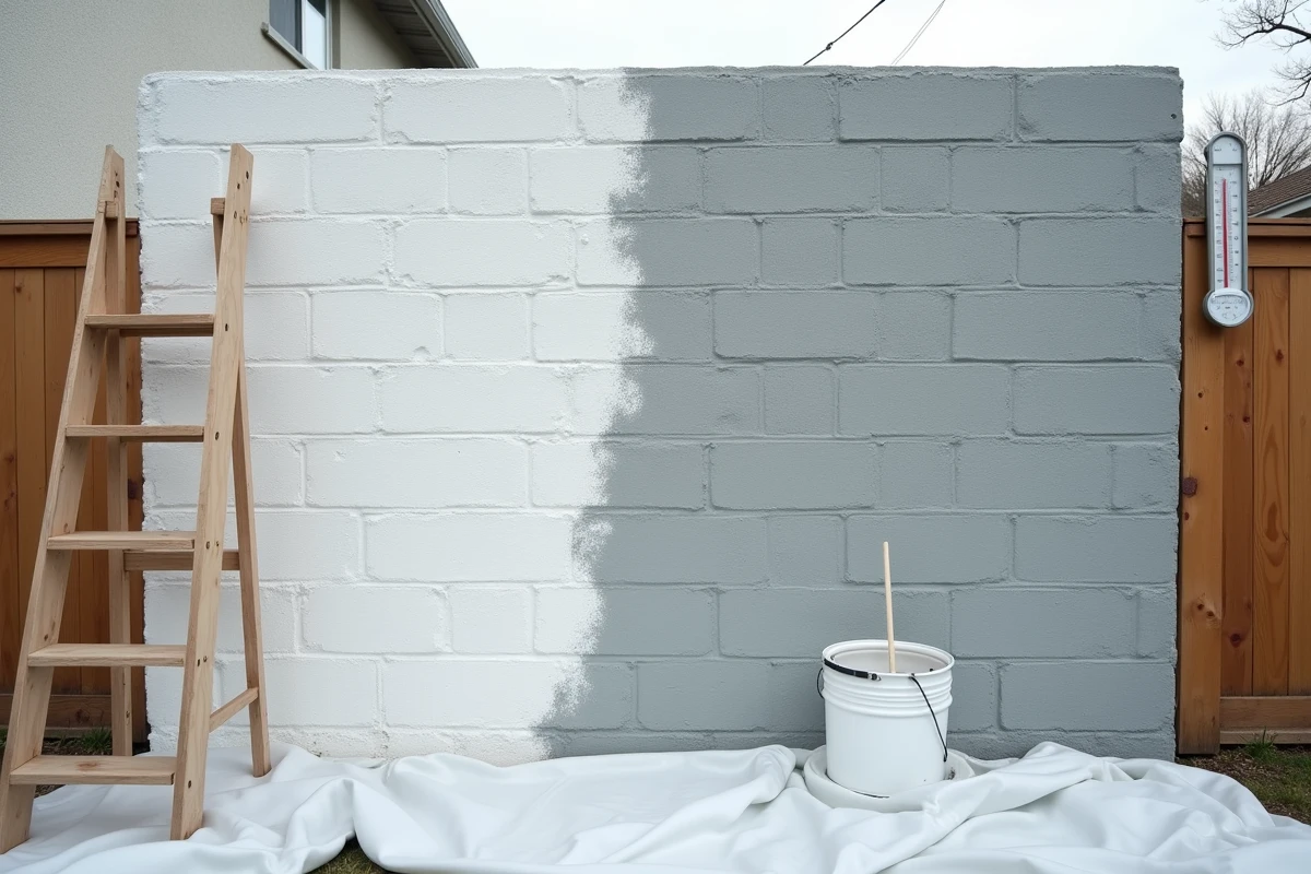 Mur en parpaing extérieur à moitié peint avec matériel de peinture au sol par temps nuageux