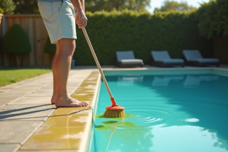 Homme nettoyant la piscine avec brosse pour algues vertes
