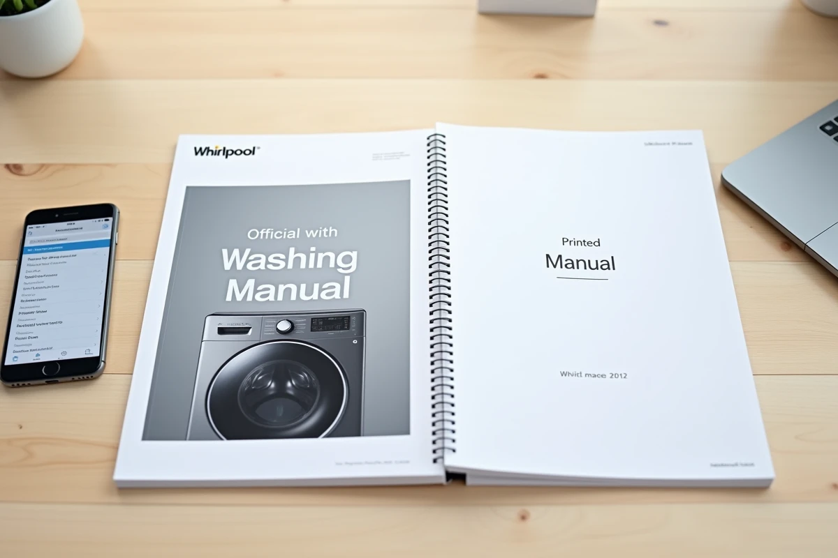 Comparatif entre notice officielle Whirlpool et guide tiers pour lave-linge 9kg posés sur bureau