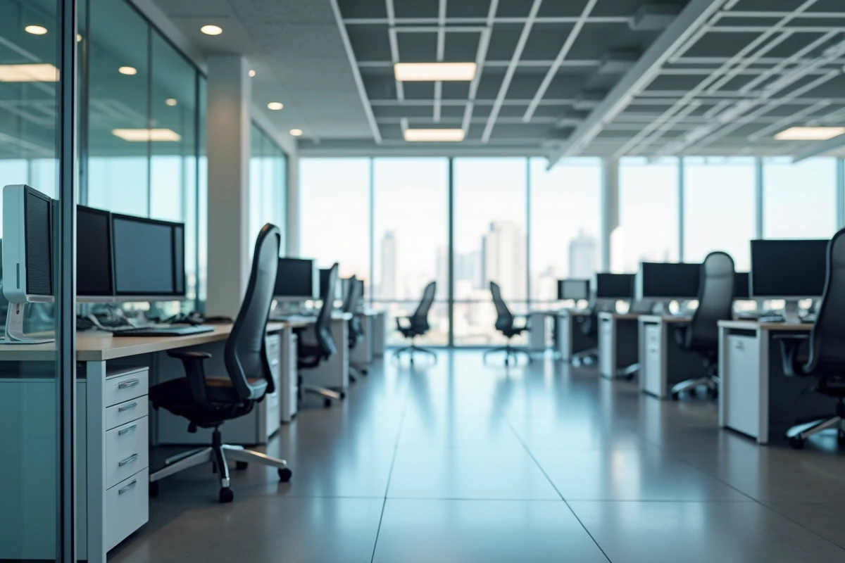 Vue d'ensemble d'un open space moderne avec goulottes électriques et prises intégrées le long des cloisons