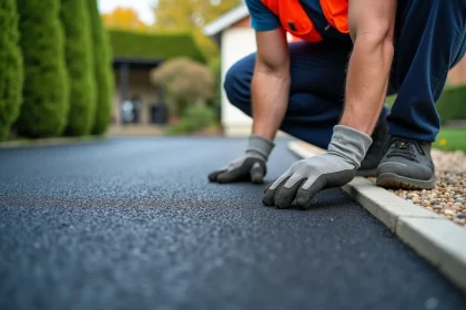 Ouvrier inspectant une allée en enrobé bitumineux noir devant une maison individuelle