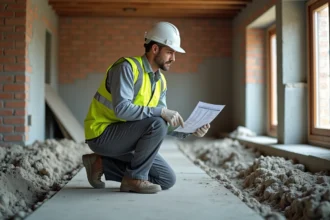 Ouvrier en safety vest consulte un tableau de dosage béton
