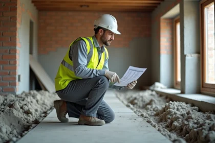 Ouvrier en safety vest consulte un tableau de dosage béton