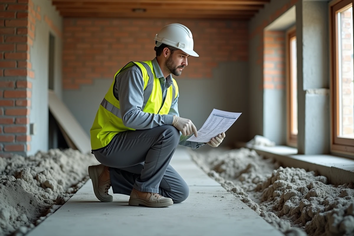 Ouvrier en safety vest consulte un tableau de dosage béton