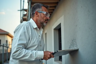 Ouvrier appliquant un enduit de ravalement sur une façade en béton avec une taloche en inox