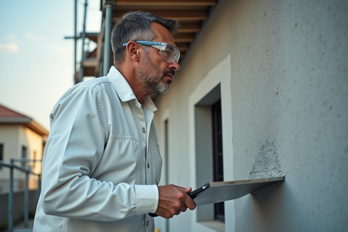 Ouvrier appliquant un enduit de ravalement sur une façade en béton avec une taloche en inox