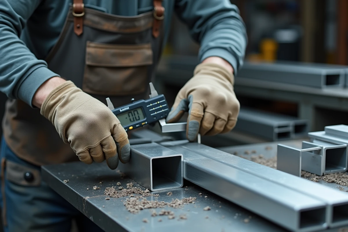 Ouvrier métallurgiste mesurant un tube aluminium carré avec un pied à coulisse dans un atelier de fabrication