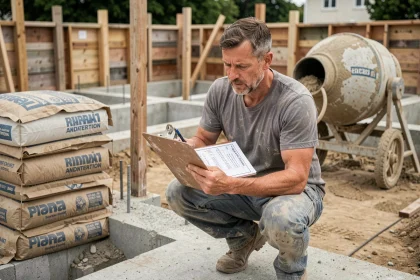 Ouvrier consultant un tableau de dosage pour chape maigre sur un chantier de maison individuelle