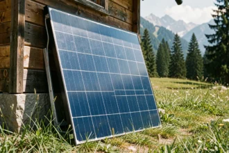 Panneau solaire EcoFlow 400W posé contre un chalet en bois dans un pré alpin verdoyant