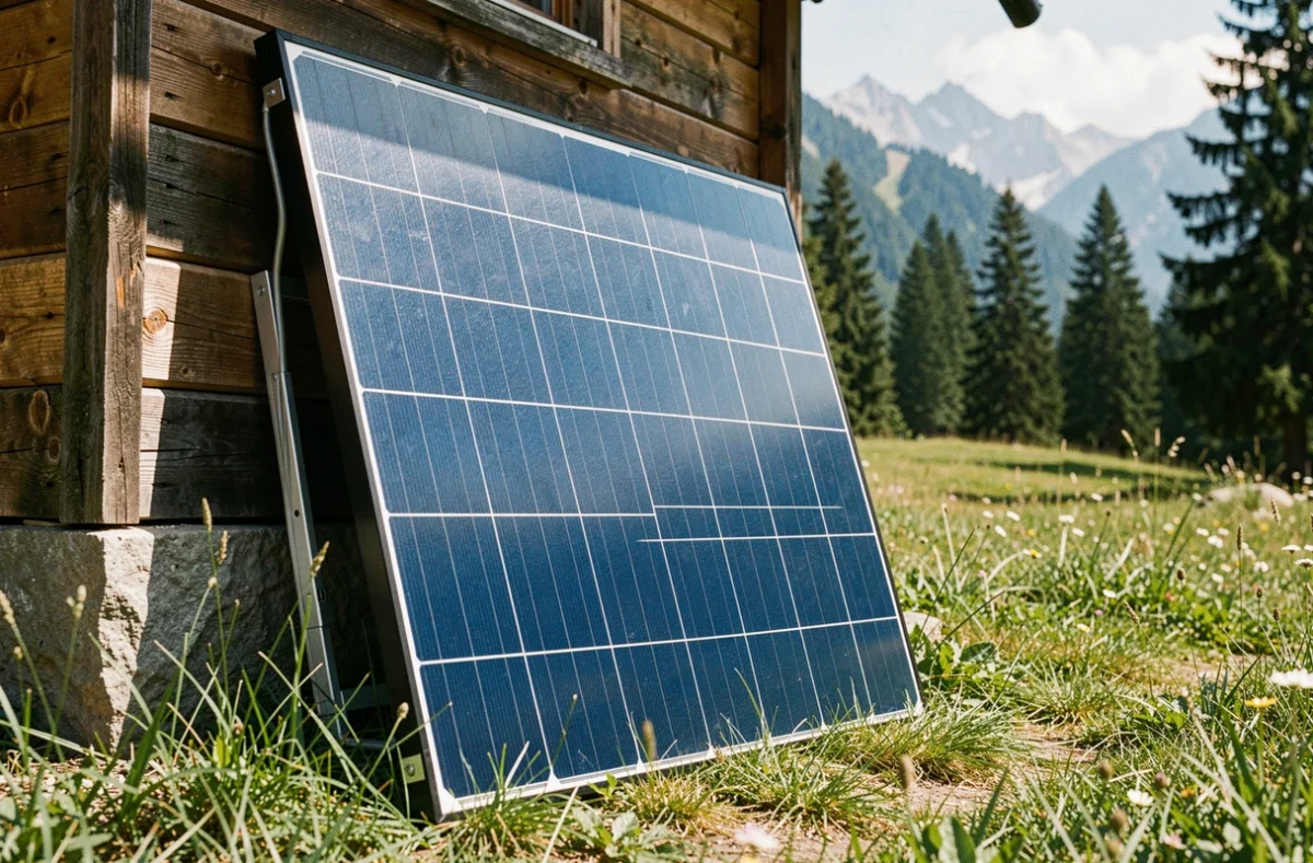 Panneau solaire EcoFlow 400W posé contre un chalet en bois dans un pré alpin verdoyant