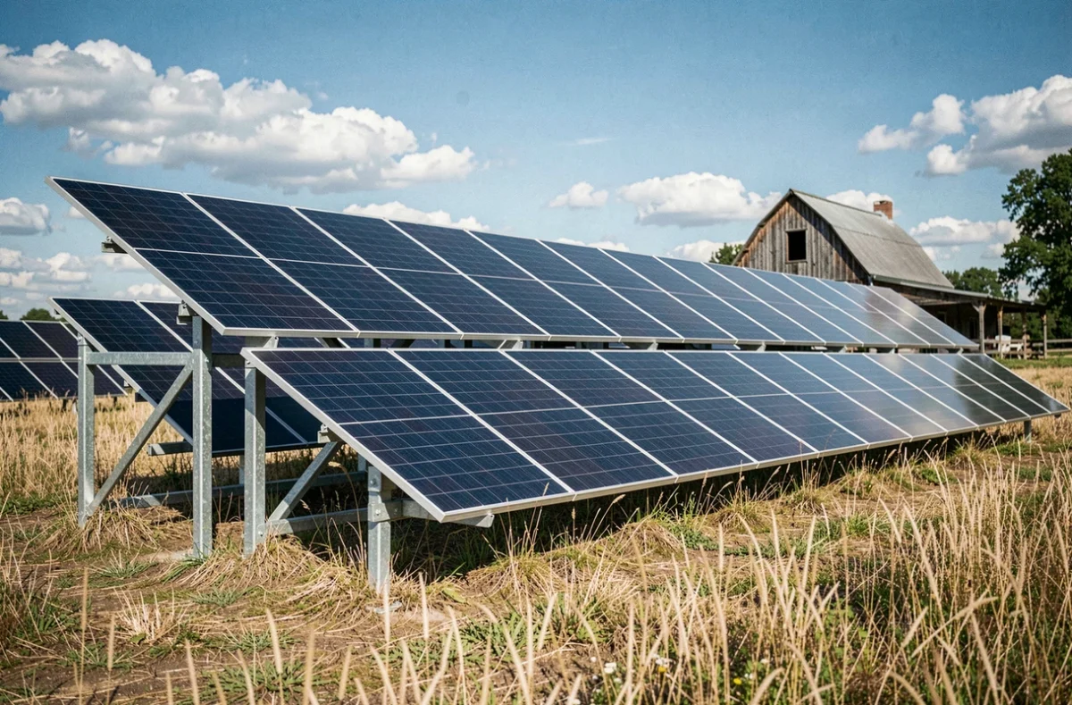 Installation de panneaux solaires au sol pour un kit autonome 10000W dans un champ agricole avec ferme en arrière-plan