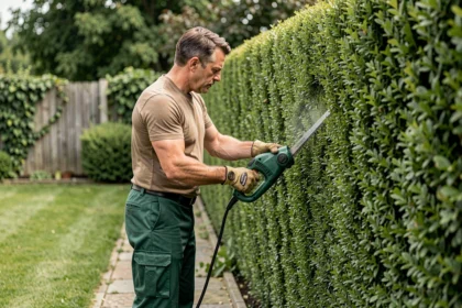 Paysagiste professionnel réalisant la taille d'une haie de buis dans un jardin résidentiel soigné