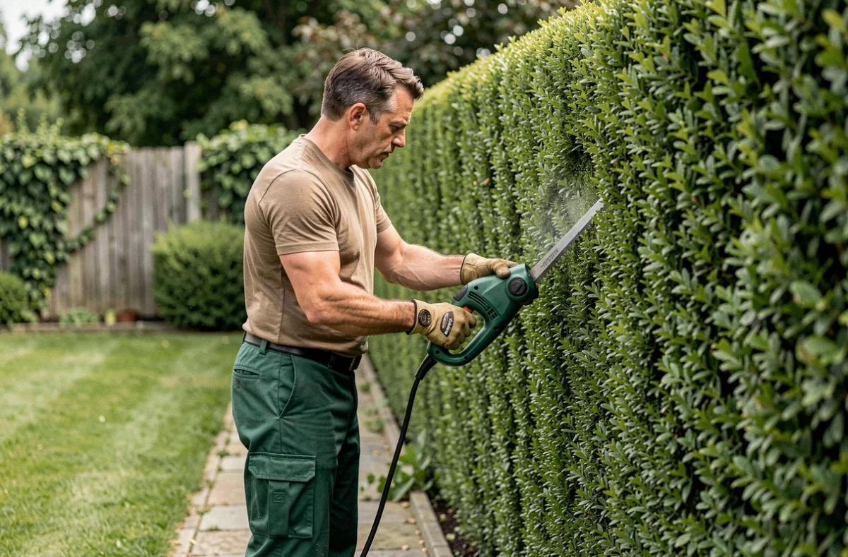 Paysagiste professionnel réalisant la taille d'une haie de buis dans un jardin résidentiel soigné