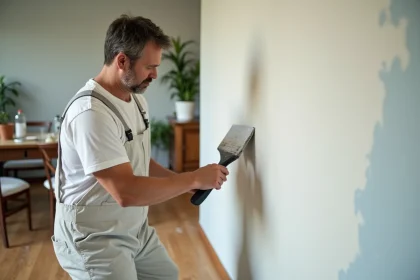 Peintre en blanc préparant un mur intérieur avec spatule