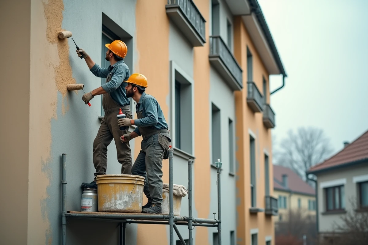 Deux peintres professionnels appliquant une peinture de ravalement sur la façade d'un immeuble avec rouleaux et échafaudage