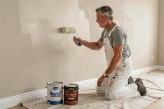 Peintre professionnel appliquant de la peinture intérieure haut de gamme sur un mur avec deux pots de peinture en comparaison au premier plan