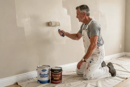 Peintre professionnel appliquant de la peinture intérieure haut de gamme sur un mur avec deux pots de peinture en comparaison au premier plan