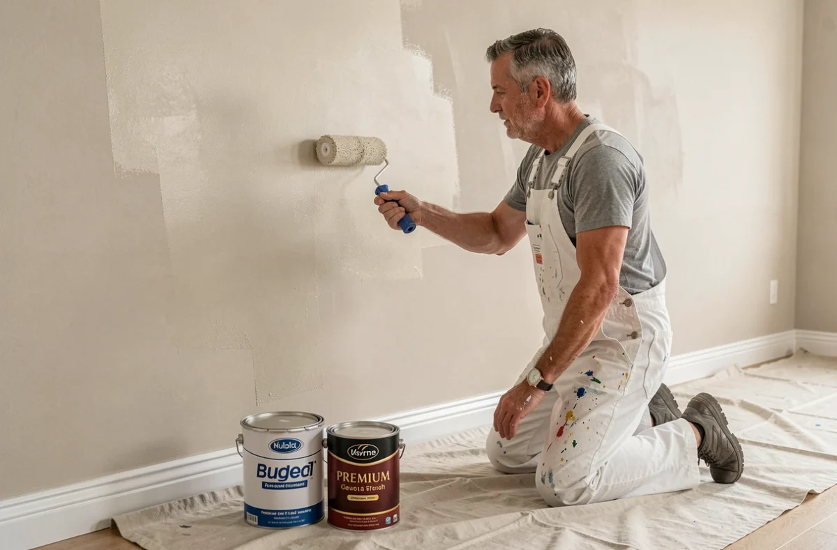 Peintre professionnel appliquant de la peinture intérieure haut de gamme sur un mur avec deux pots de peinture en comparaison au premier plan