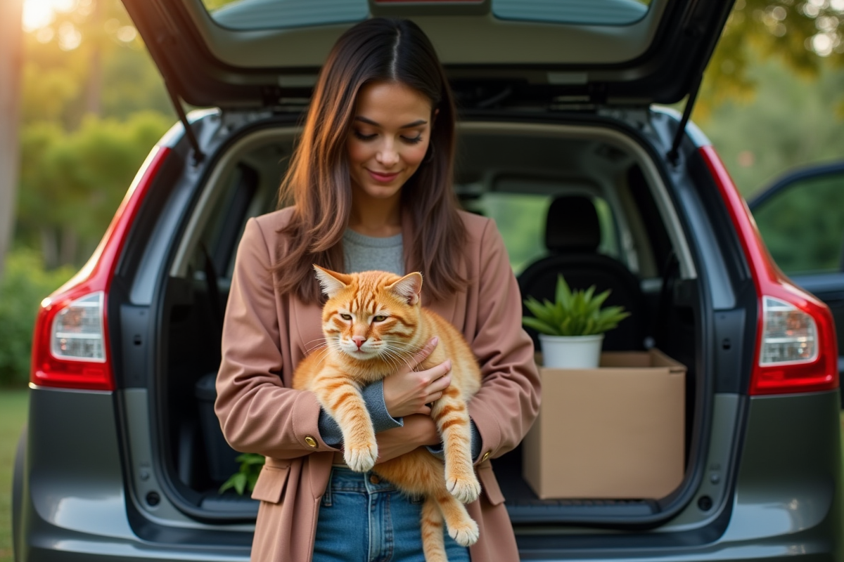 Personne tenant un chat roux dans ses bras près de la voiture chargée
