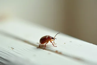 Petite bête marron de maison posée sur un rebord de fenêtre en bois blanc au printemps