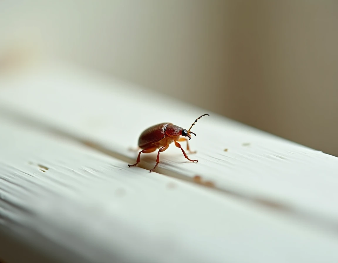 Petite bête marron de maison posée sur un rebord de fenêtre en bois blanc au printemps