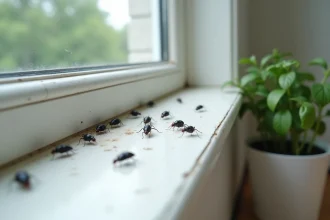 Petits insectes noirs sur le rebord d'une fenêtre de cuisine, vue macro réaliste