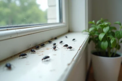 Petits insectes noirs sur le rebord d'une fenêtre de cuisine, vue macro réaliste