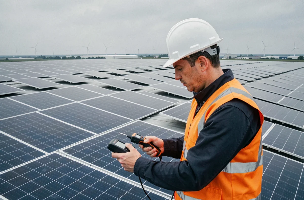 Ingénieur de Phenix Solar inspectant une large installation photovoltaïque sur un entrepôt industriel près d'Orléans