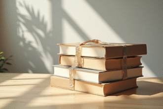 Pile de livres emballes en carton et bulle wrap sur une table