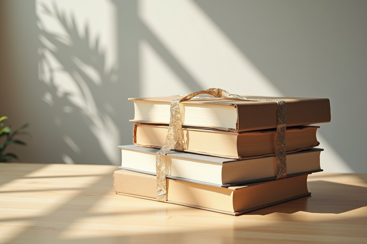 Pile de livres emballes en carton et bulle wrap sur une table