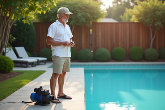 Homme d'âge moyen vérifiant la pompe d'une piscine extérieure