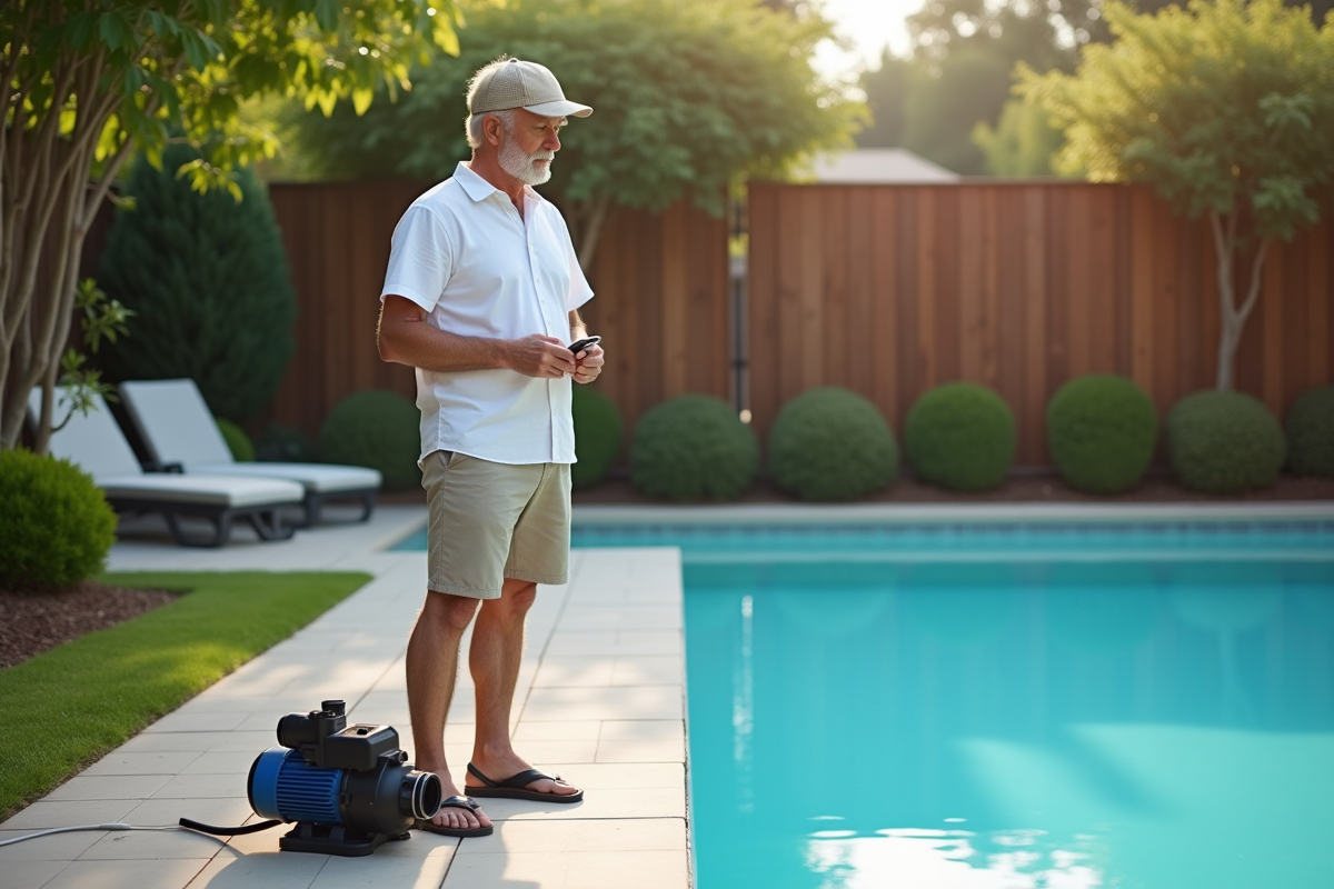 Homme d'âge moyen vérifiant la pompe d'une piscine extérieure