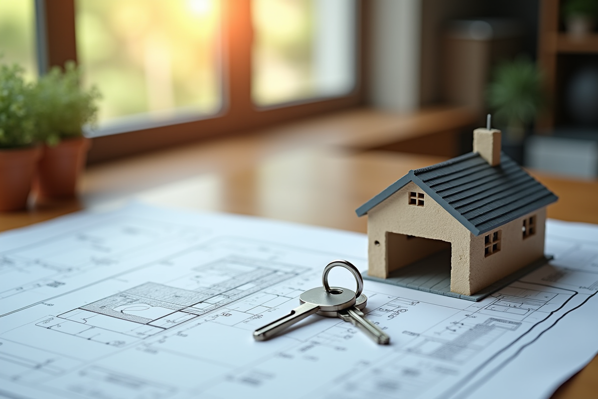 Plans architecturaux et clés sur un bureau en bois