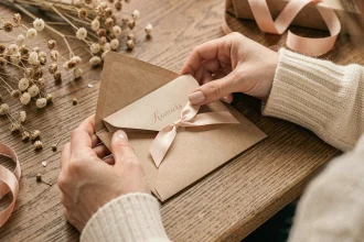 Femme glissant une carte cadeau dans une pochette kraft élégante sur un bureau en bois décoré de rubans et fleurs séchées