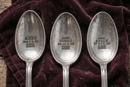 Poinçons gravés sur des couverts en argent antiques posés sur velours sombre, détail macro de marques de garantie et de fabricant