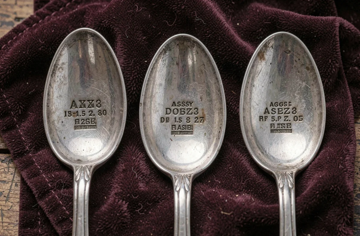 Poinçons gravés sur des couverts en argent antiques posés sur velours sombre, détail macro de marques de garantie et de fabricant