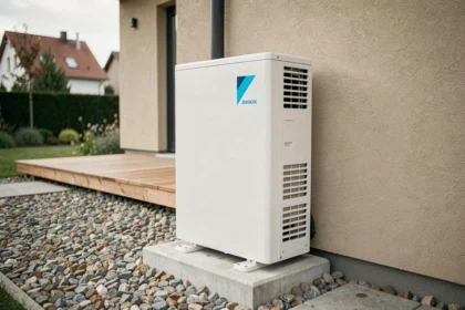 Pompe à chaleur air eau Daikin 11 kW installée sur une terrasse extérieure de maison contemporaine