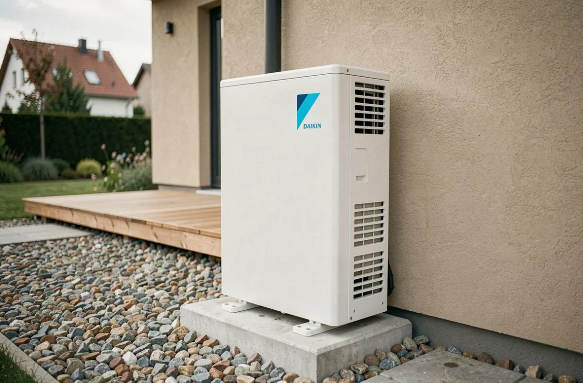 Pompe à chaleur air eau Daikin 11 kW installée sur une terrasse extérieure de maison contemporaine