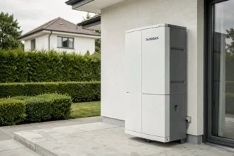Pompe à chaleur De Dietrich 22 kW installée sur la façade extérieure d'une maison contemporaine avec jardin